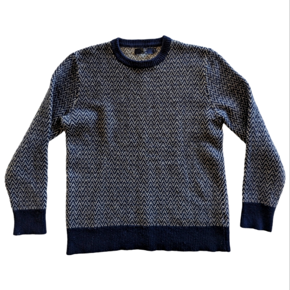 J. Crew Wool Navy and White Herringbone Crewneck Sweater